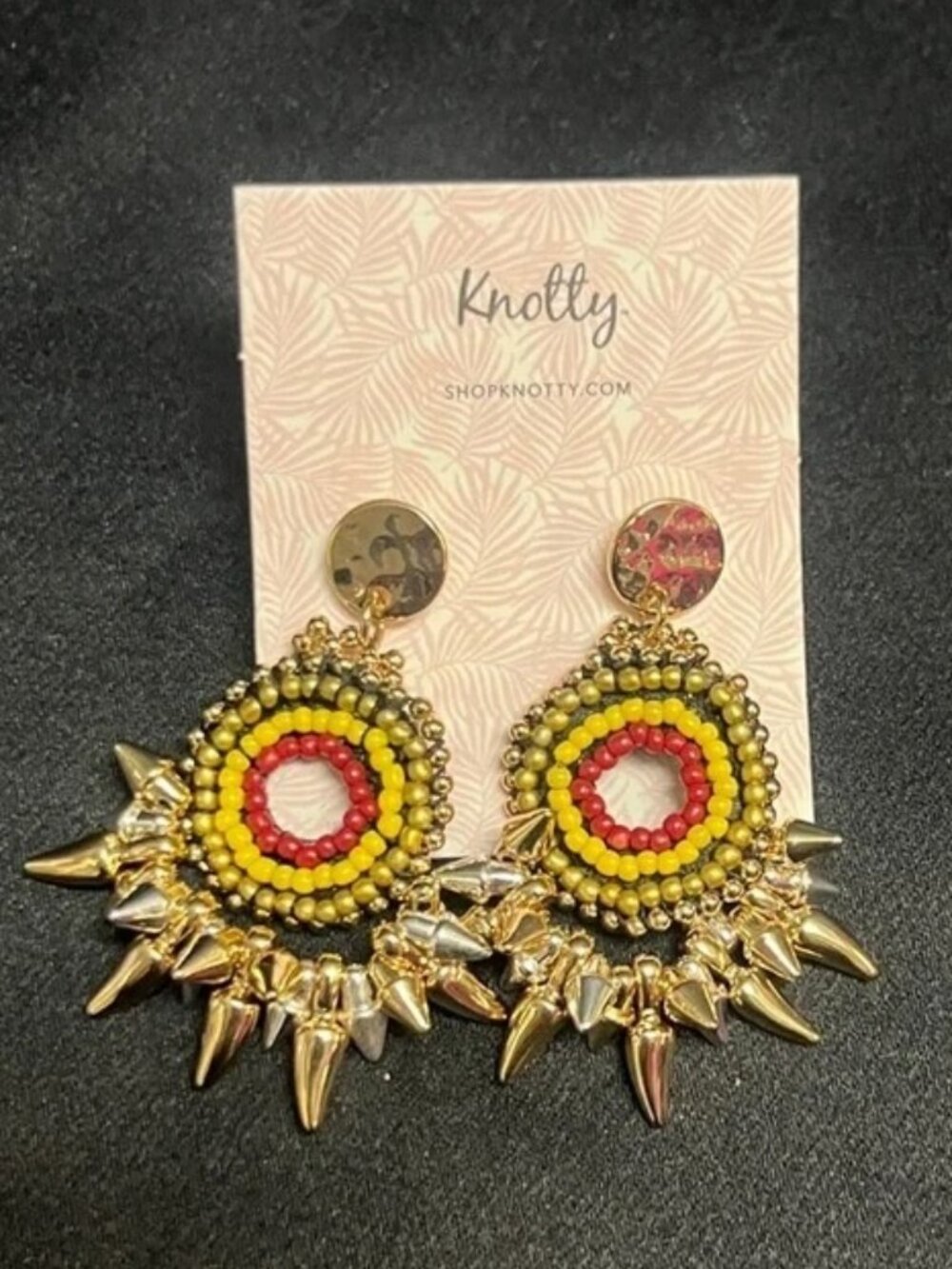 Knotty Beaded Sunburst Earrings - Yellow, Red, Gold